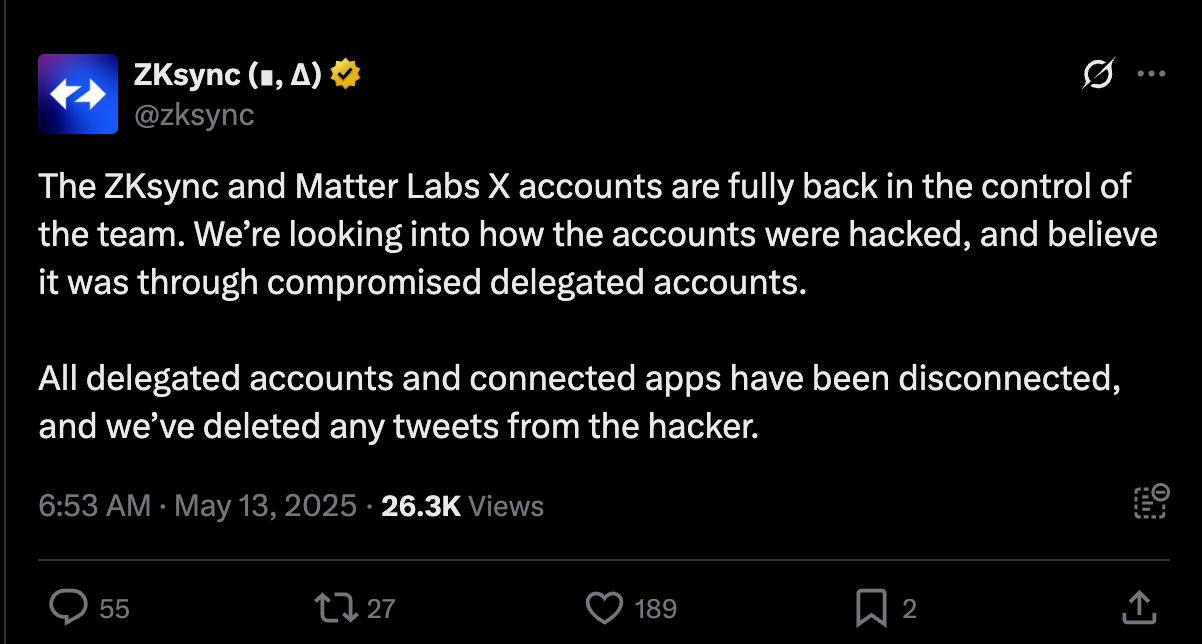 ZKsync X accounts hacked to promote fake SEC warnings and malicious airdrop - 1