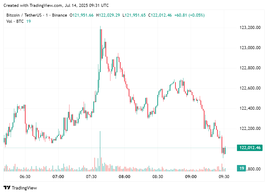 Bitcoin touches $123,000 as Ethereum lags not too far behind in gains, July 14, 2025 | Source: crypto.news