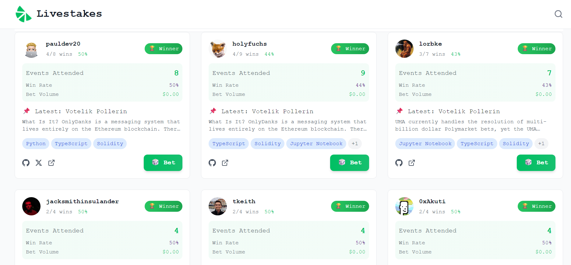 ETH Global finalist Livestakes' main page interface | Source: Livestakes.fun