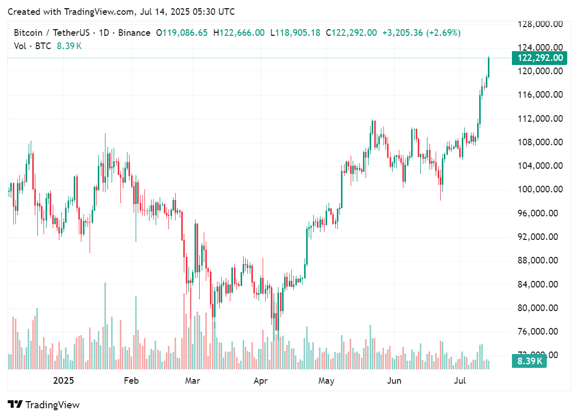 Price chart for Bitcoin after reaching a new all-time high, July 14, 2025 | Source: crypto.news