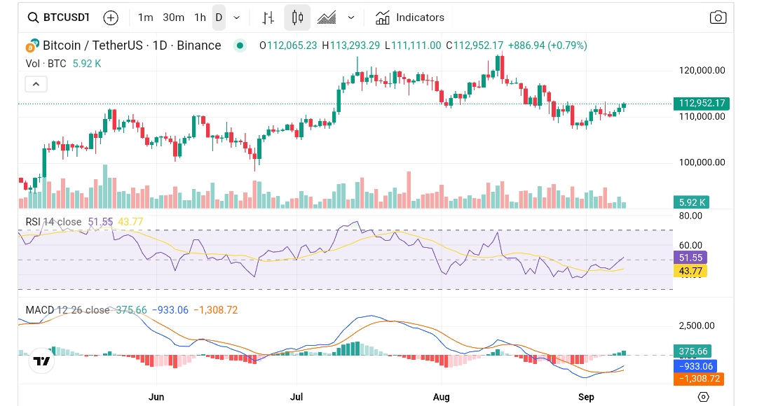 Chart from crypto.news showing Bitcoin price movement and technical indicators.