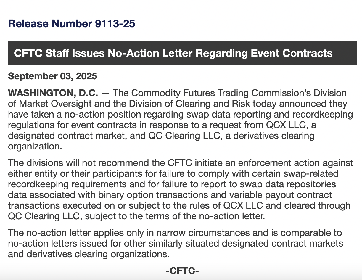 CFTC no-action letter granting Polymarket clearance for U.S. operations.