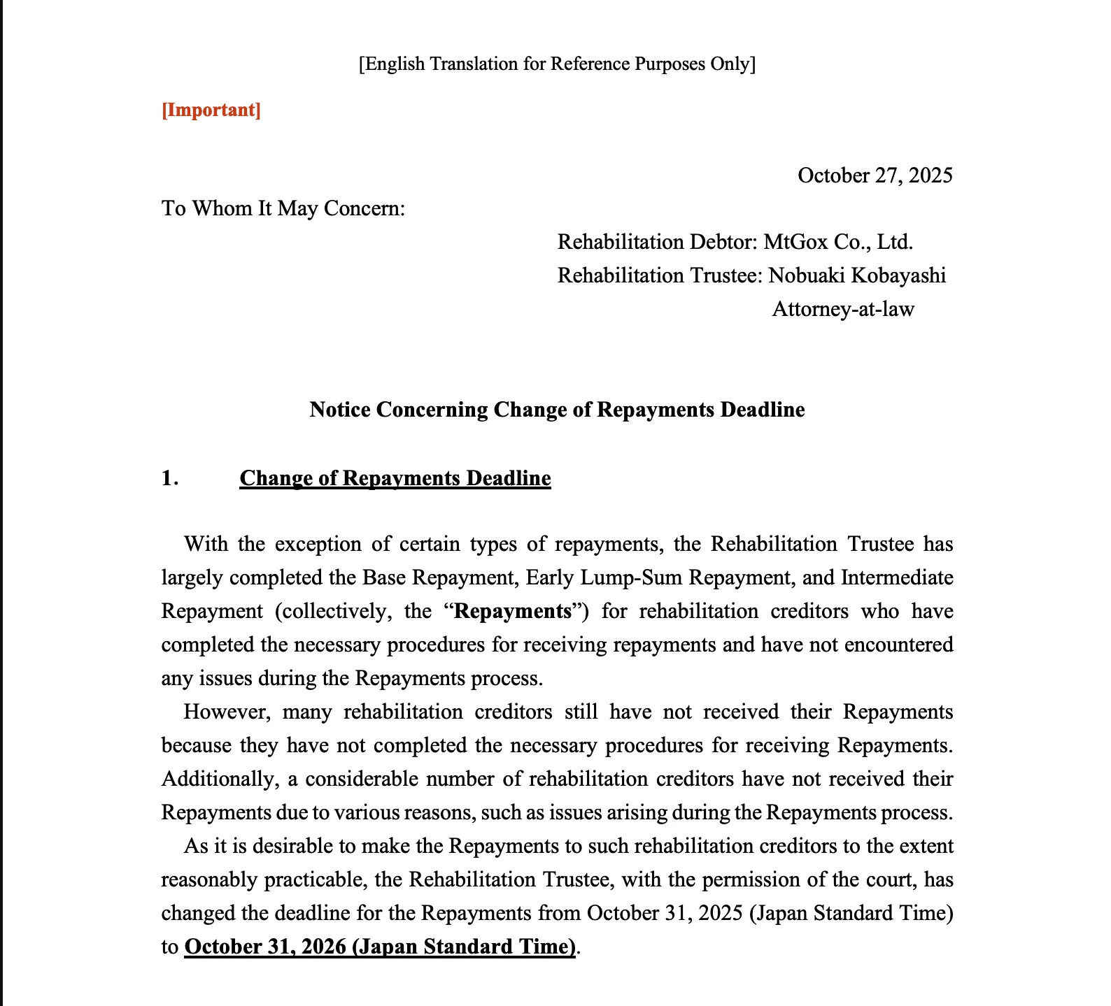 Screenshot showing Mt. Gox's announcement of its repayment deadline extension.