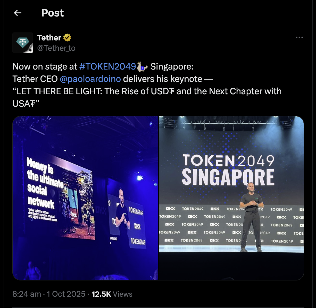 Image showing Tether CEO Paolo Ardoino at Token2049 where he spoke on the Rumble partnership.