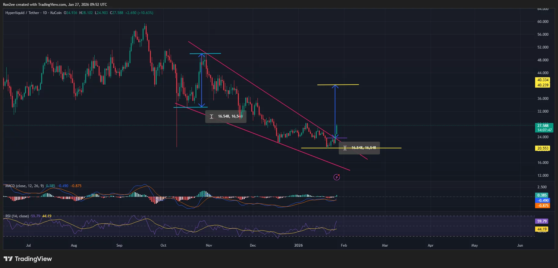 Hyperliquid price has confirmed a falling wedge pattern on the daily chart.