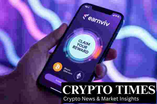 A close-up of a smartphone held in someone's hand. On the screen is a vibrant, colorful app interface for a crypto rewards platform named 'EarnViv'. A prominent 'Claim Your Reward' button is pulsing with light. Icons for Bitcoin (BTC) and Ethereum (ETH) are visible on the screen. The background is a soft-focus, abstract digital pattern in shades of purple and blue, giving a modern and techy vibe. Style of a contemporary mobile ad, clean and inviting.