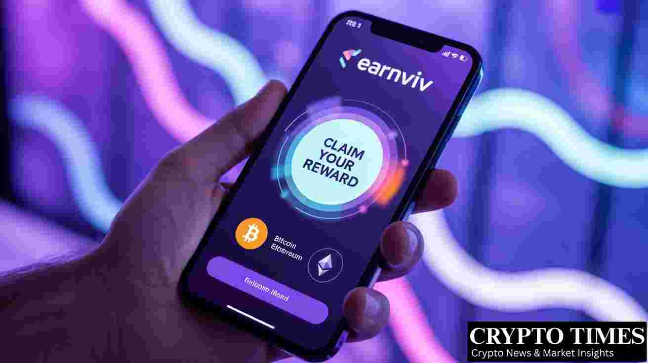 A close-up of a smartphone held in someone's hand. On the screen is a vibrant, colorful app interface for a crypto rewards platform named 'EarnViv'. A prominent 'Claim Your Reward' button is pulsing with light. Icons for Bitcoin (BTC) and Ethereum (ETH) are visible on the screen. The background is a soft-focus, abstract digital pattern in shades of purple and blue, giving a modern and techy vibe. Style of a contemporary mobile ad, clean and inviting.